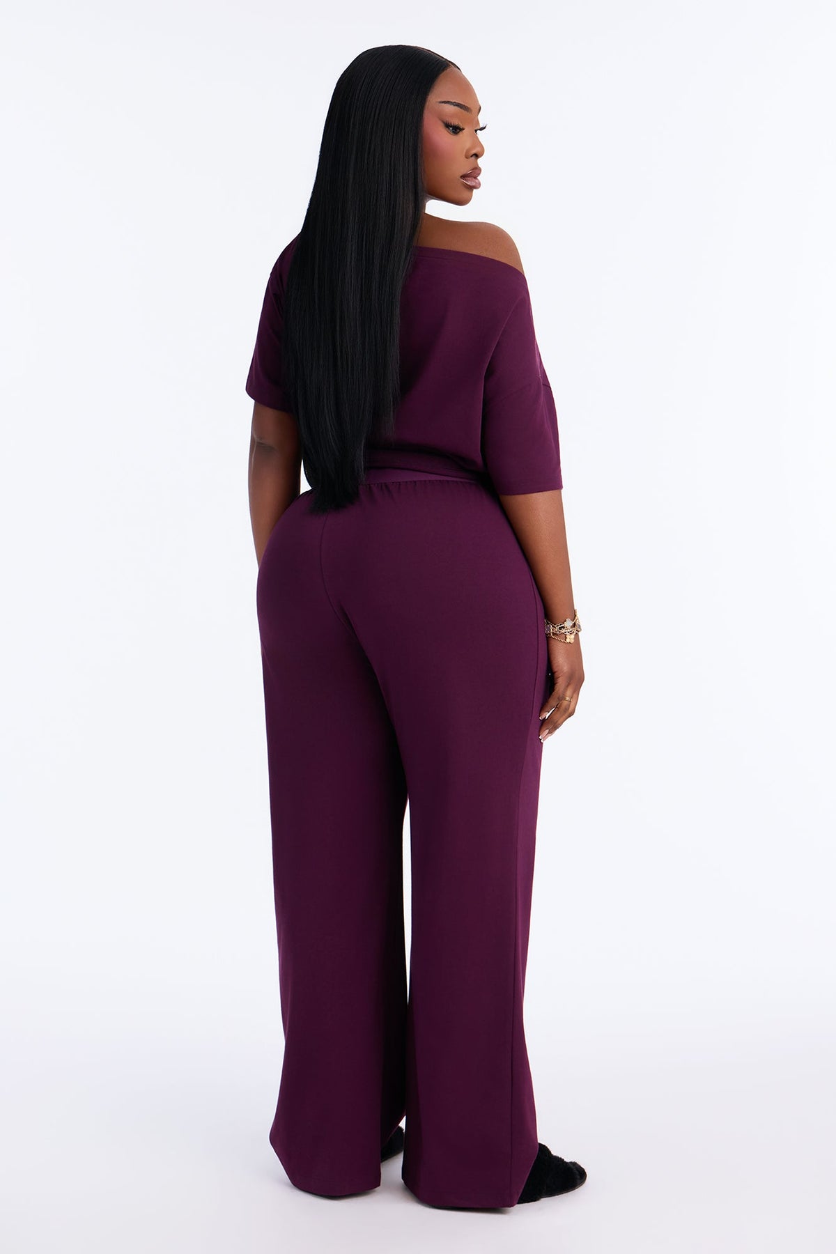FN Mood Cotton Off The Shoulder Wide Leg PJ Pant Set - Plum