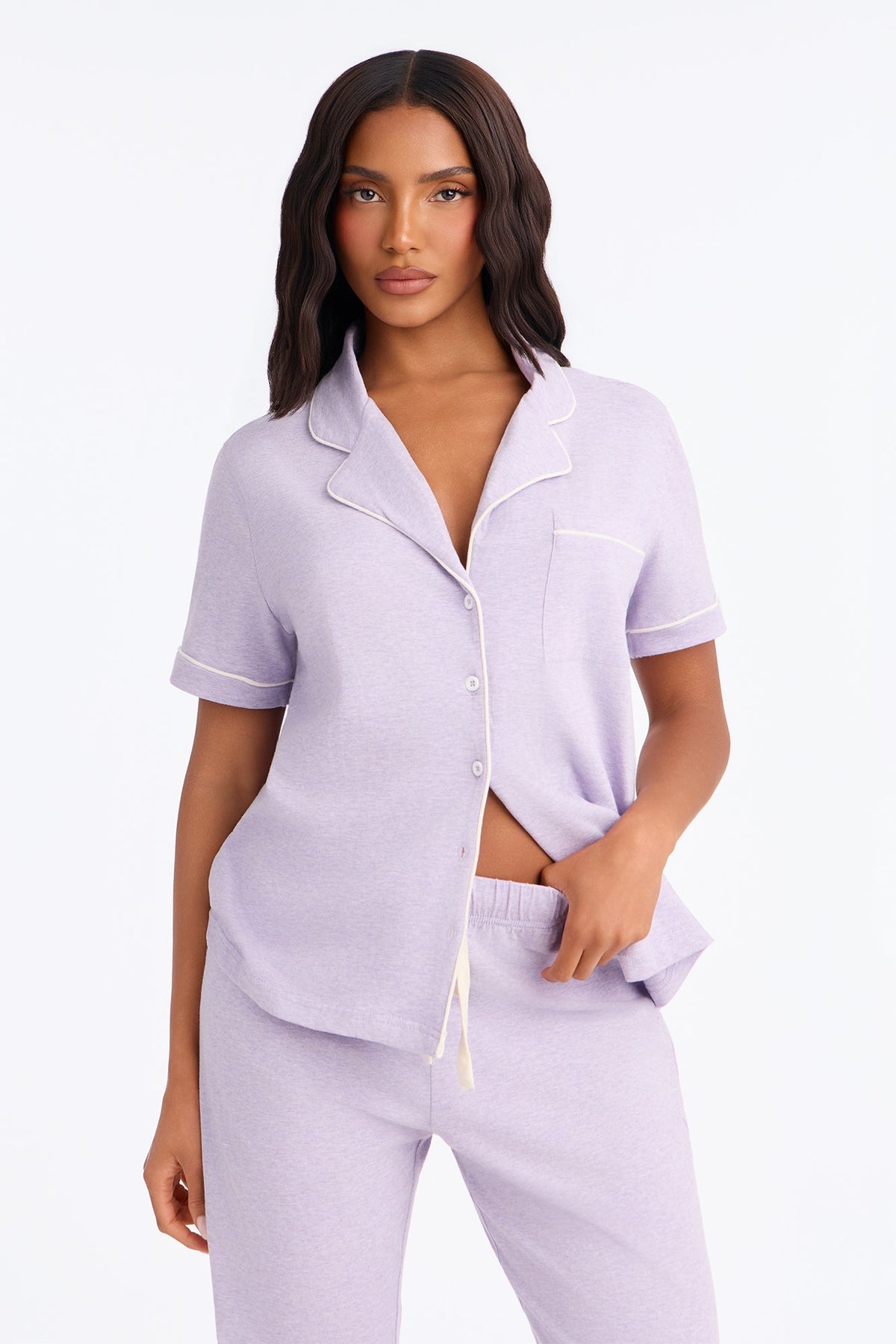 Nova Cotton Short Sleeve Button Down PJ Pant Set - Lavender