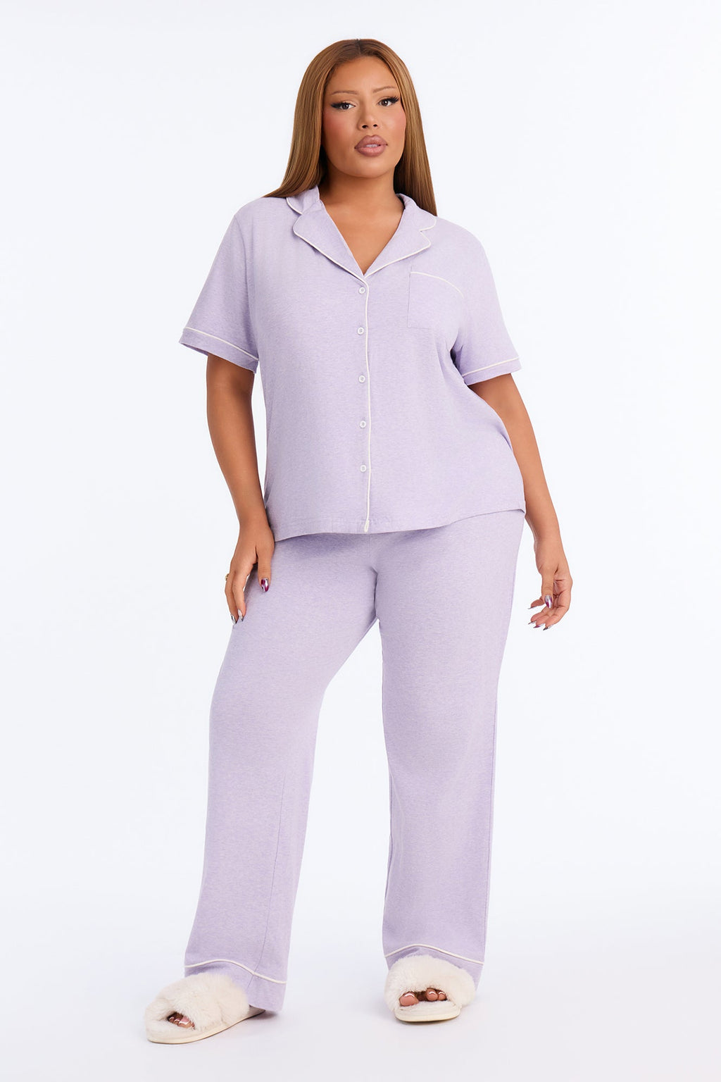 Nova Cotton Short Sleeve Button Down PJ Pant Set - Lavender