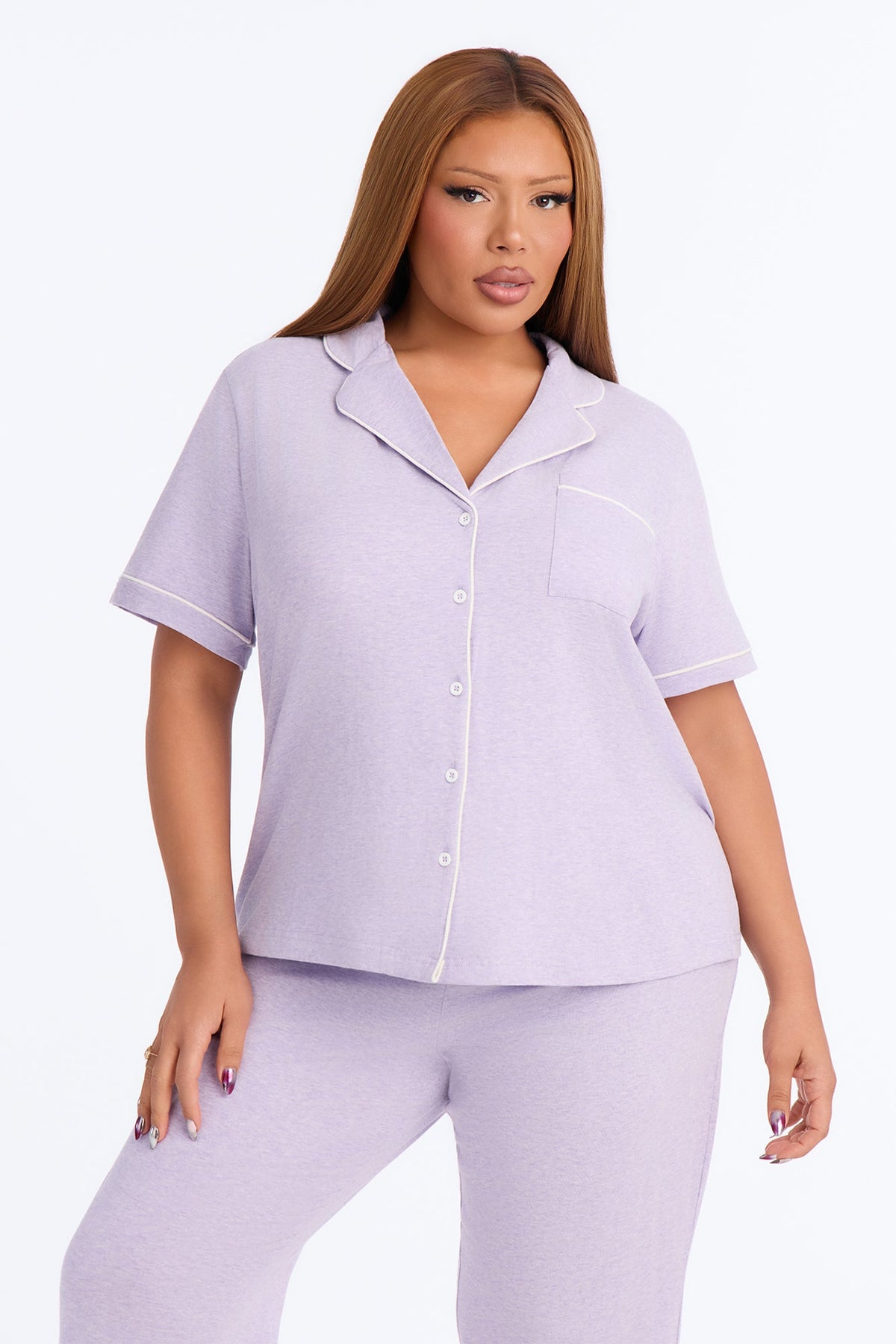 Nova Cotton Short Sleeve Button Down PJ Pant Set - Lavender