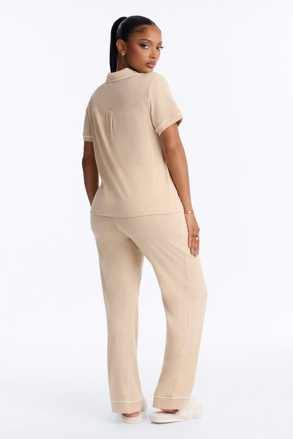 Nova Cotton Short Sleeve Button Down PJ Pant Set - Tan