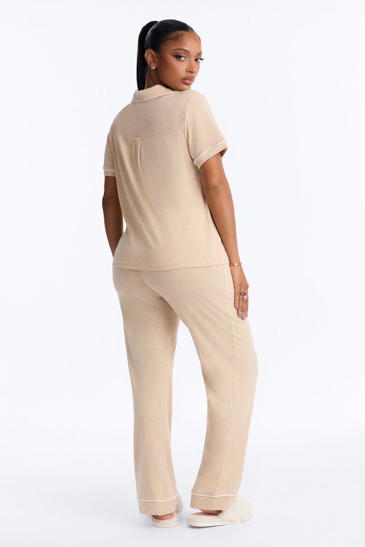 Nova Cotton Short Sleeve Button Down PJ Pant Set - Tan