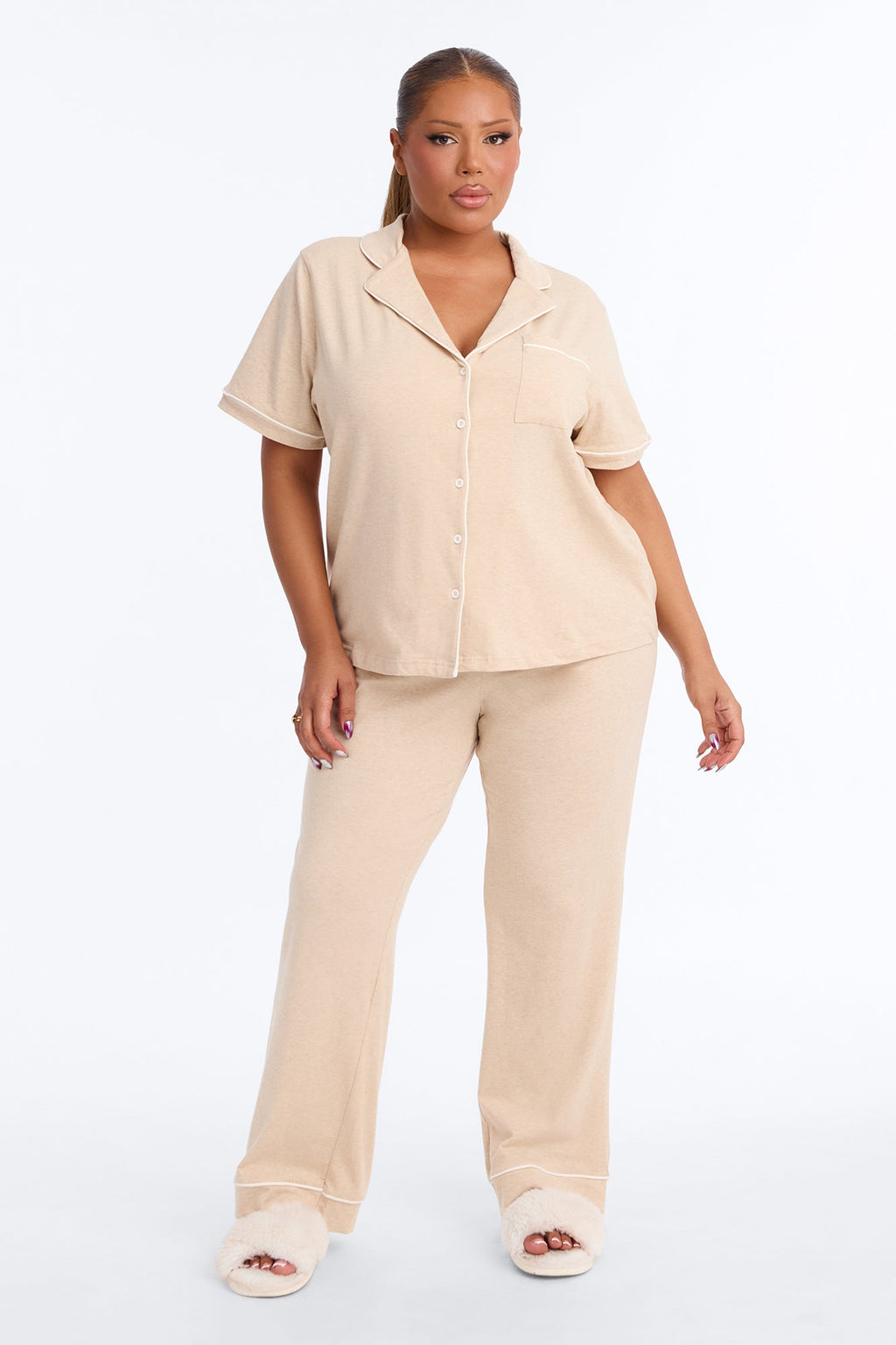 Nova Cotton Short Sleeve Button Down PJ Pant Set - Tan