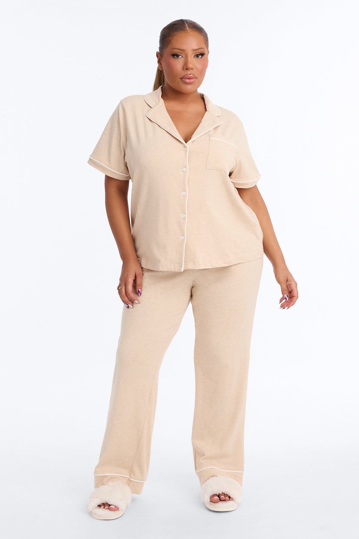 Nova Cotton Short Sleeve Button Down PJ Pant Set - Tan