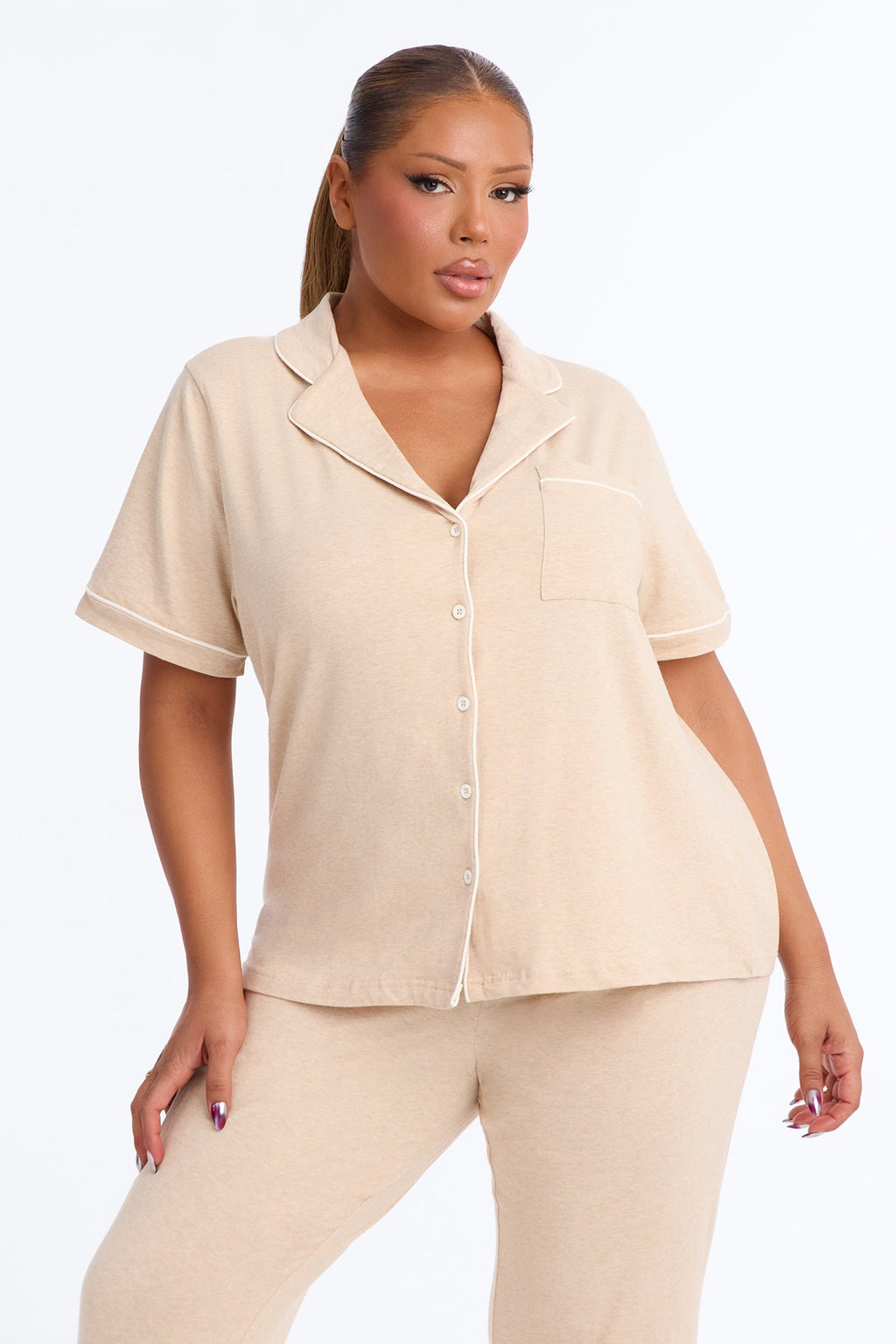 Nova Cotton Short Sleeve Button Down PJ Pant Set - Tan