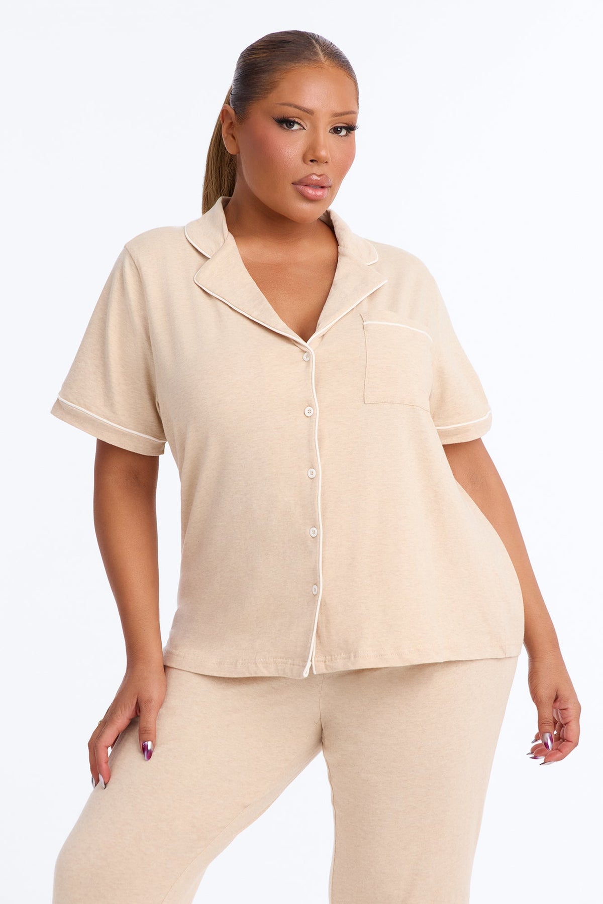 Nova Cotton Short Sleeve Button Down PJ Pant Set - Tan
