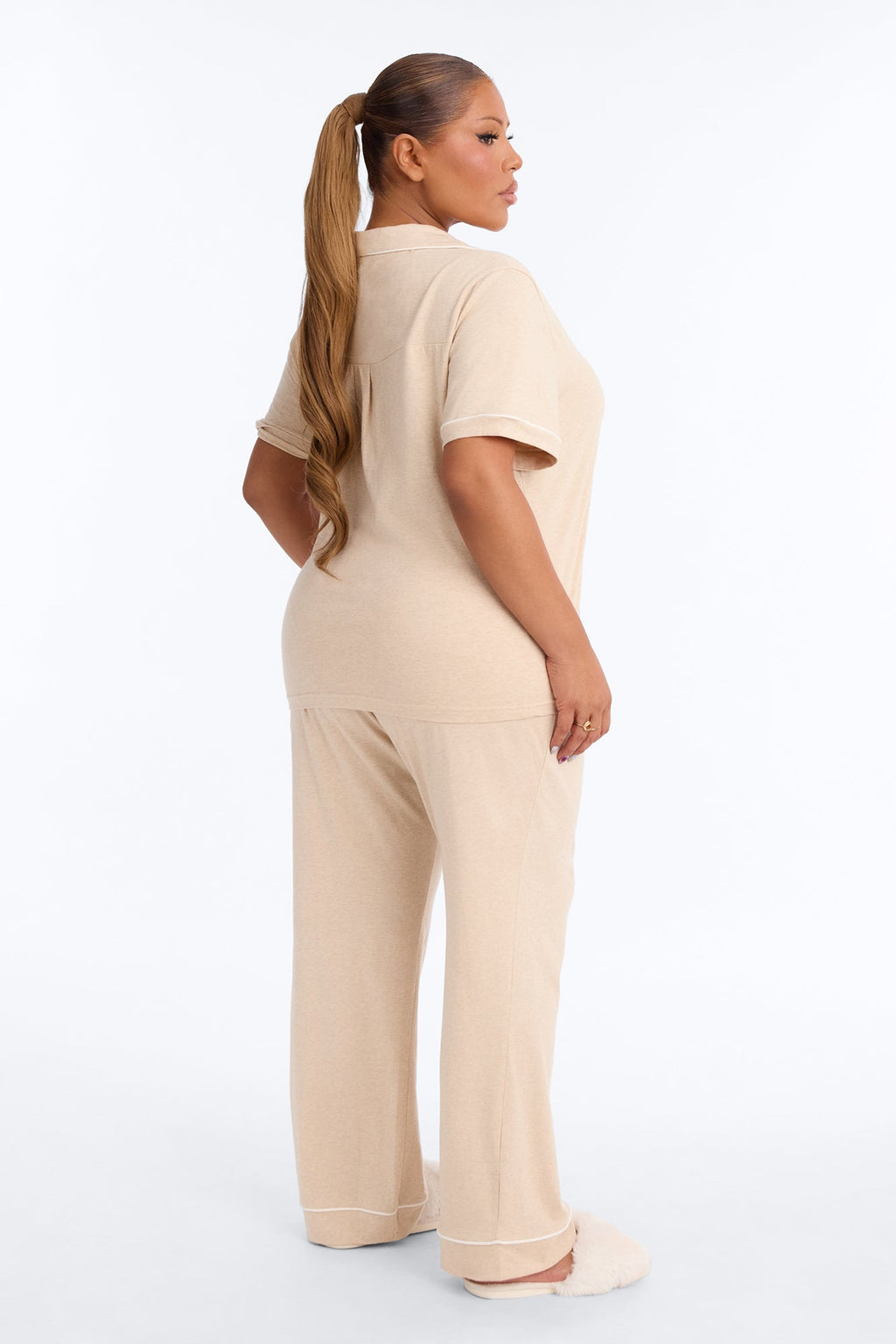 Nova Cotton Short Sleeve Button Down PJ Pant Set - Tan