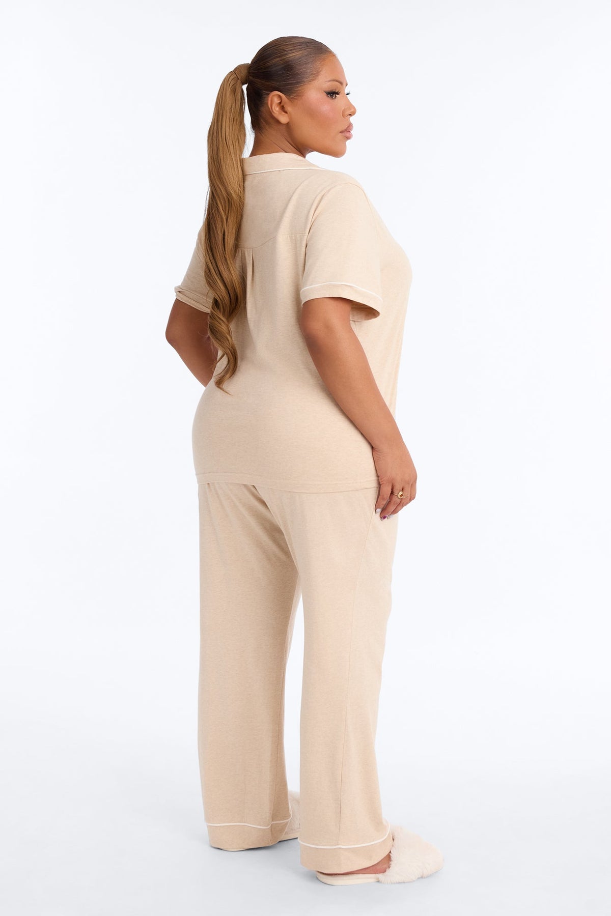 Nova Cotton Short Sleeve Button Down PJ Pant Set - Tan