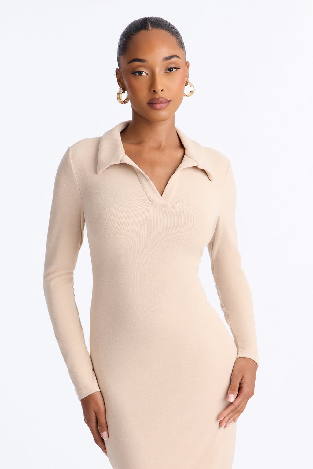 City Kisses Collar Ribbed Midi Dress - Beige
