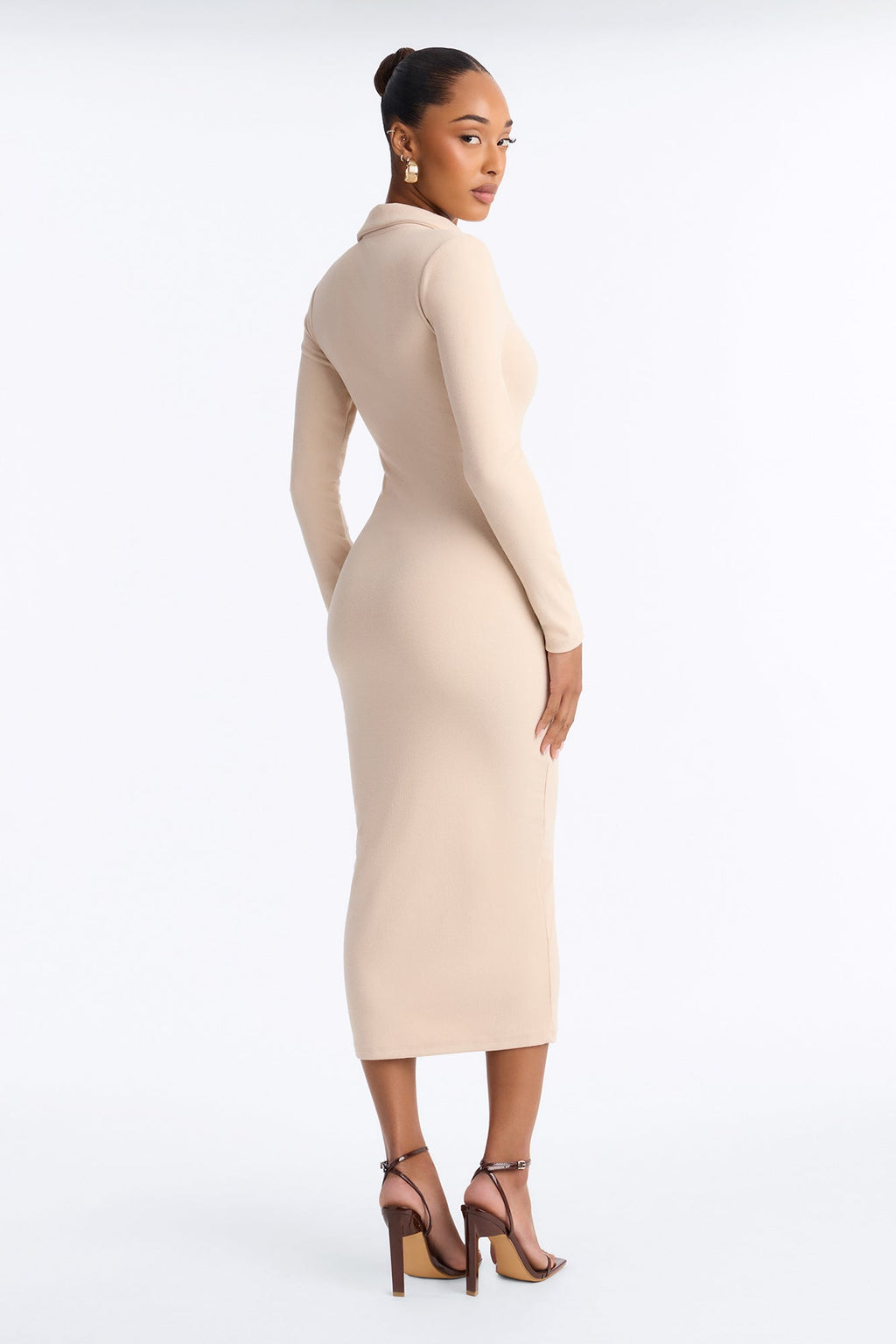 City Kisses Collar Ribbed Midi Dress - Beige
