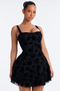 Ava Flocked Mesh Mini Dress - Black
