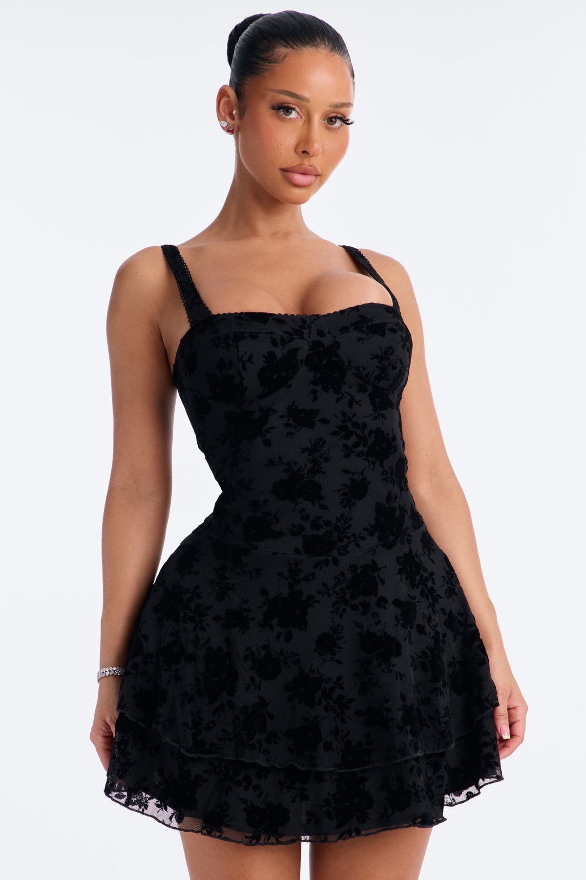Ava Flocked Mesh Mini Dress - Black