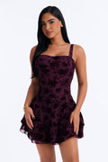 Ava Flocked Mesh Mini Dress - Plum