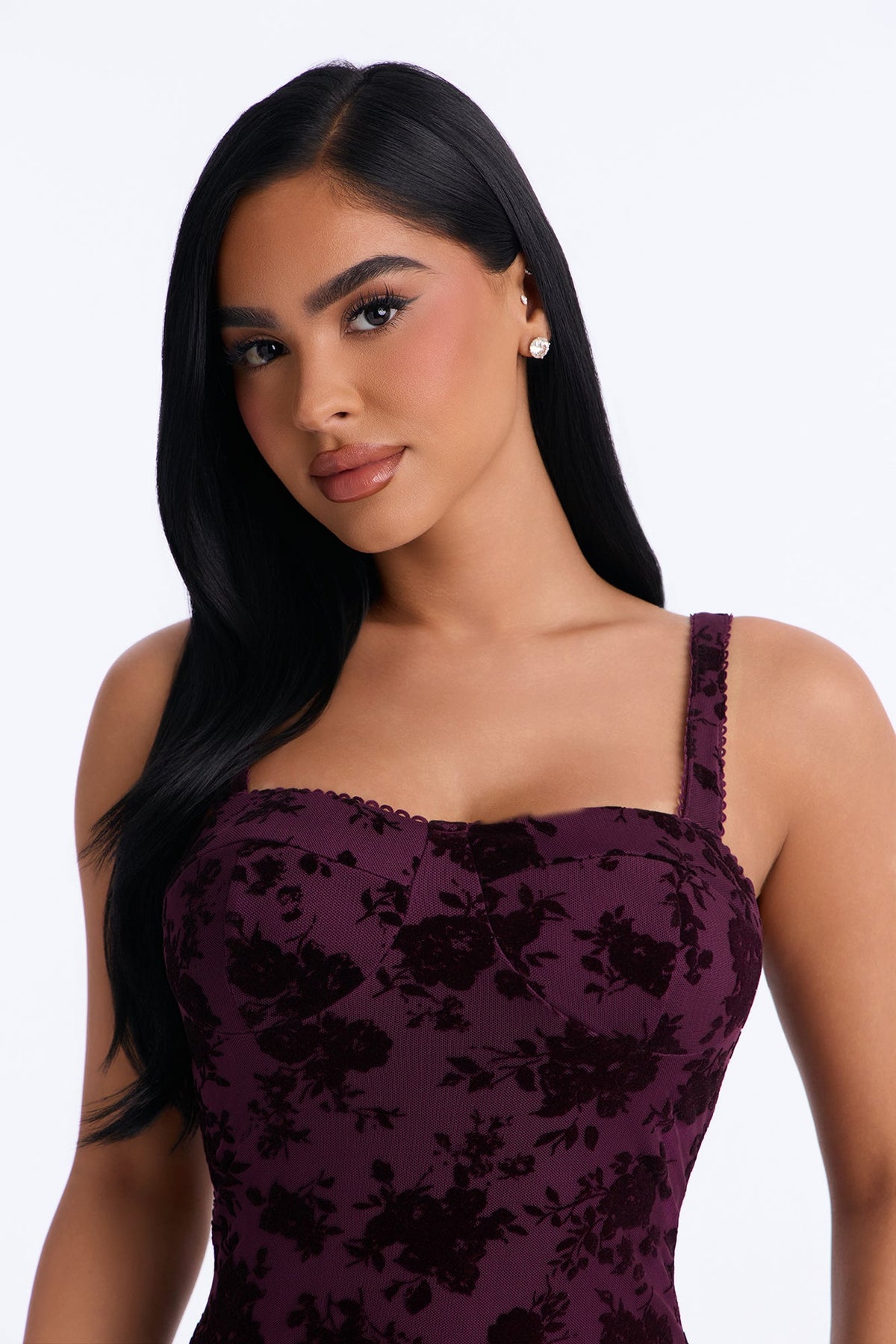 Ava Flocked Mesh Mini Dress - Plum