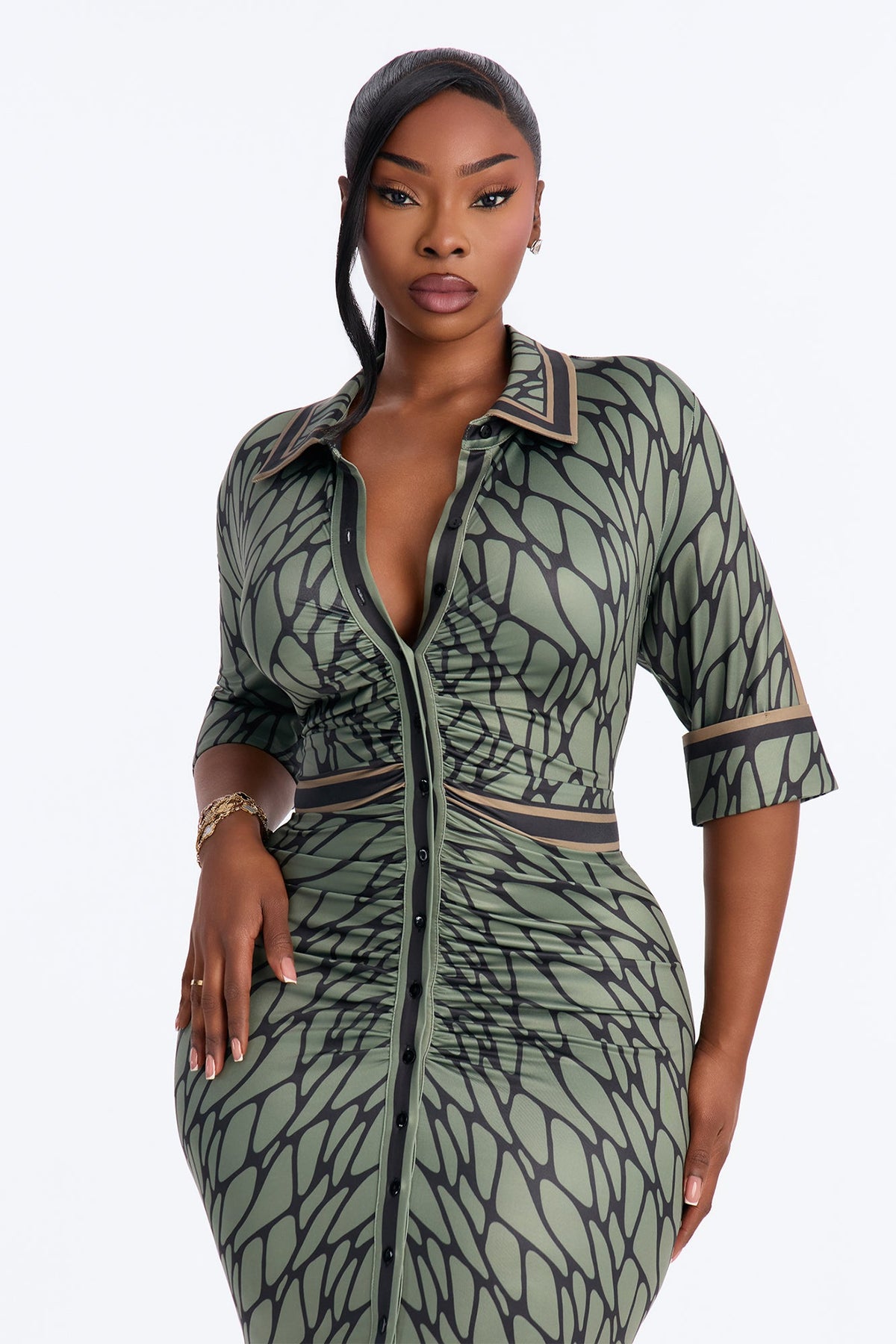 Skyla Collar Ruched Midi Dress - Olive/combo