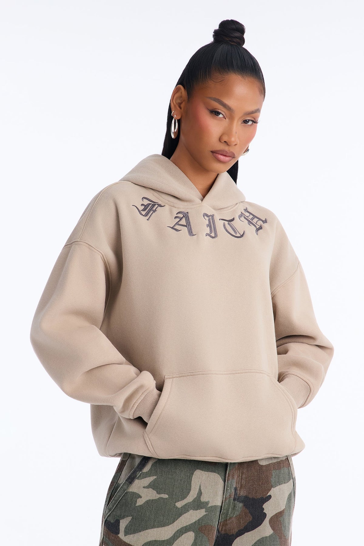 Faith Over Everything Embroidered Hoodie - Stone