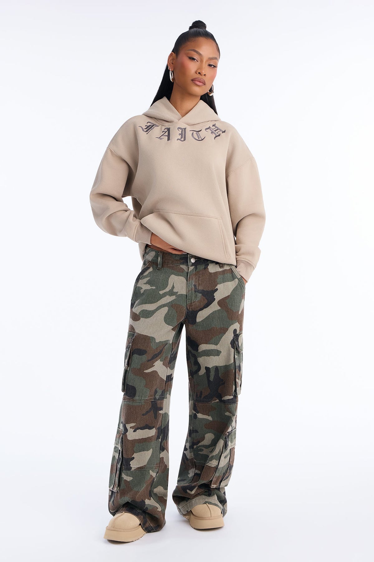 Faith Over Everything Embroidered Hoodie - Stone