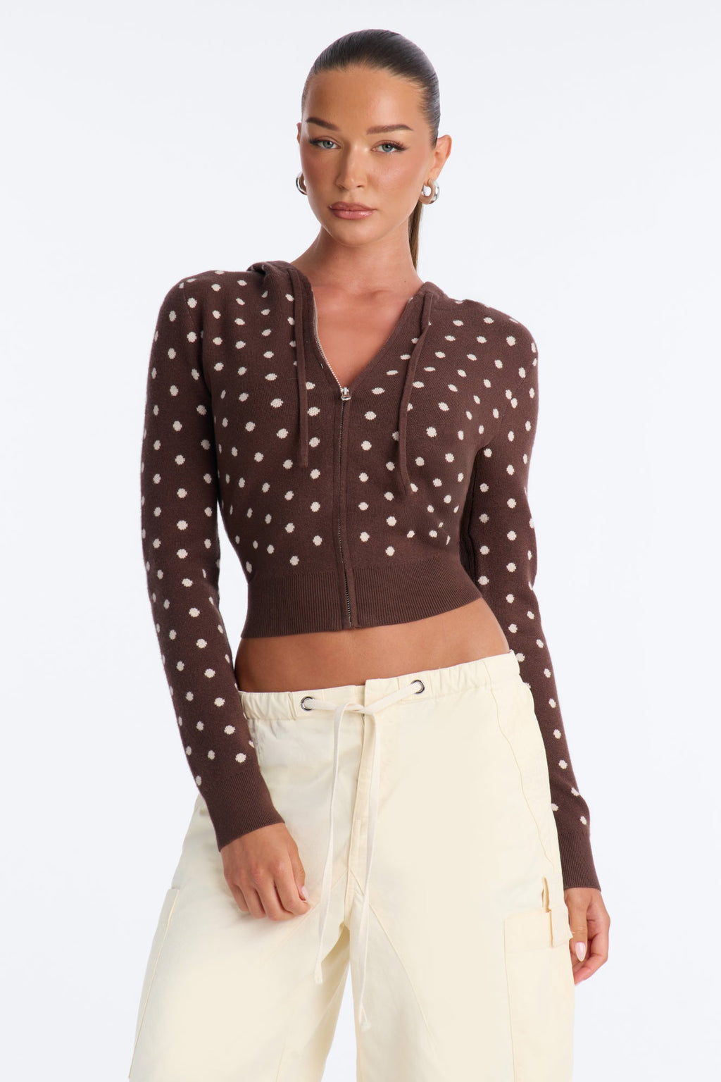 Clarise Polka Dot Zip Up Sweater - Brown/combo