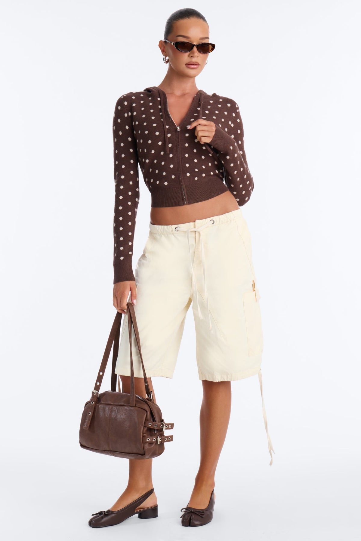 Clarise Polka Dot Zip Up Sweater - Brown/combo