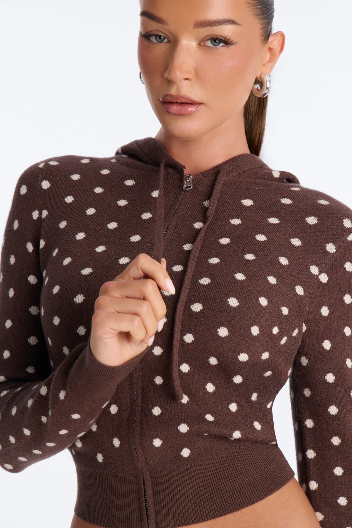 Clarise Polka Dot Zip Up Sweater - Brown/combo
