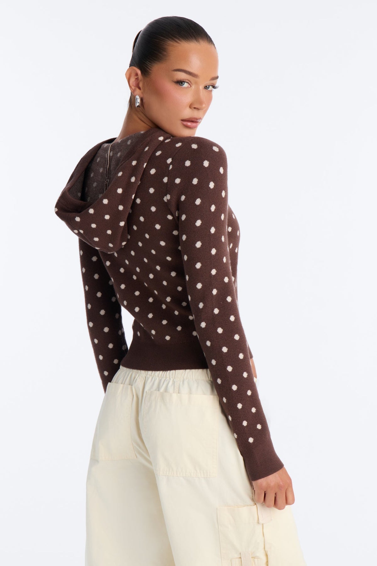 Clarise Polka Dot Zip Up Sweater - Brown/combo