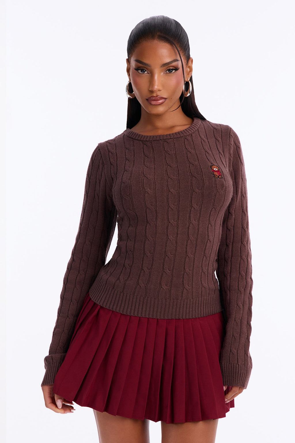 Beary Cute Cable Knit Pullover Sweater - Brown