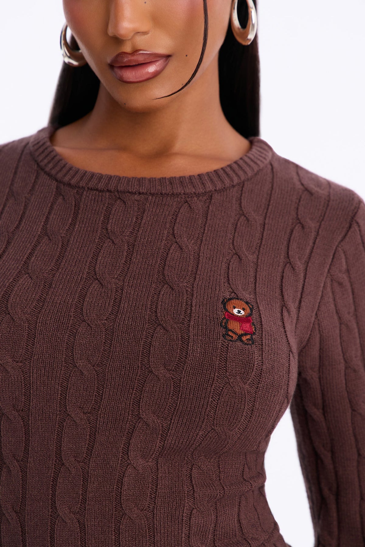 Beary Cute Cable Knit Pullover Sweater - Brown