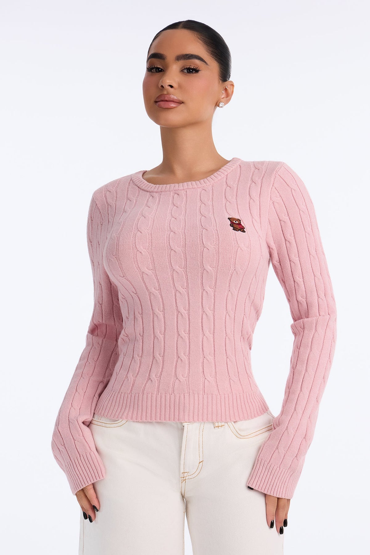 Beary Cute Cable Knit Pullover Sweater - Pink