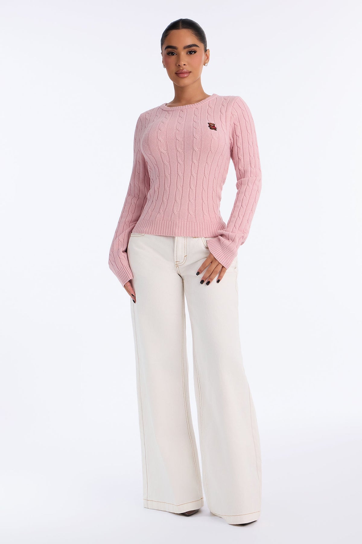 Beary Cute Cable Knit Pullover Sweater - Pink
