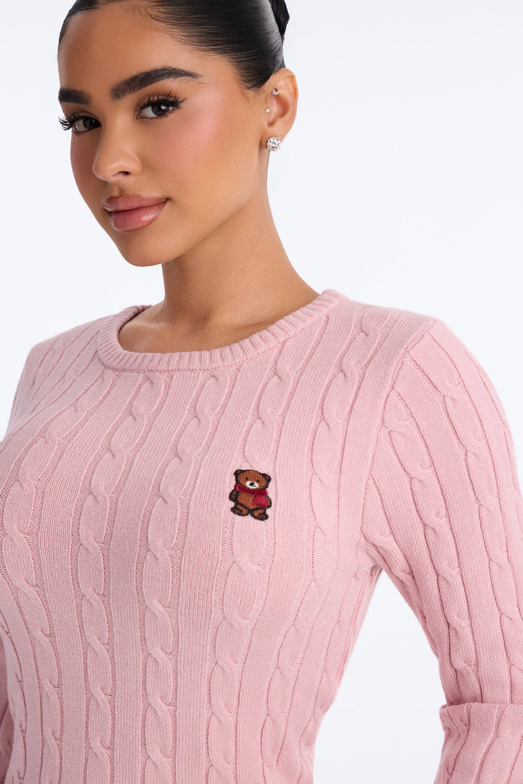Beary Cute Cable Knit Pullover Sweater - Pink