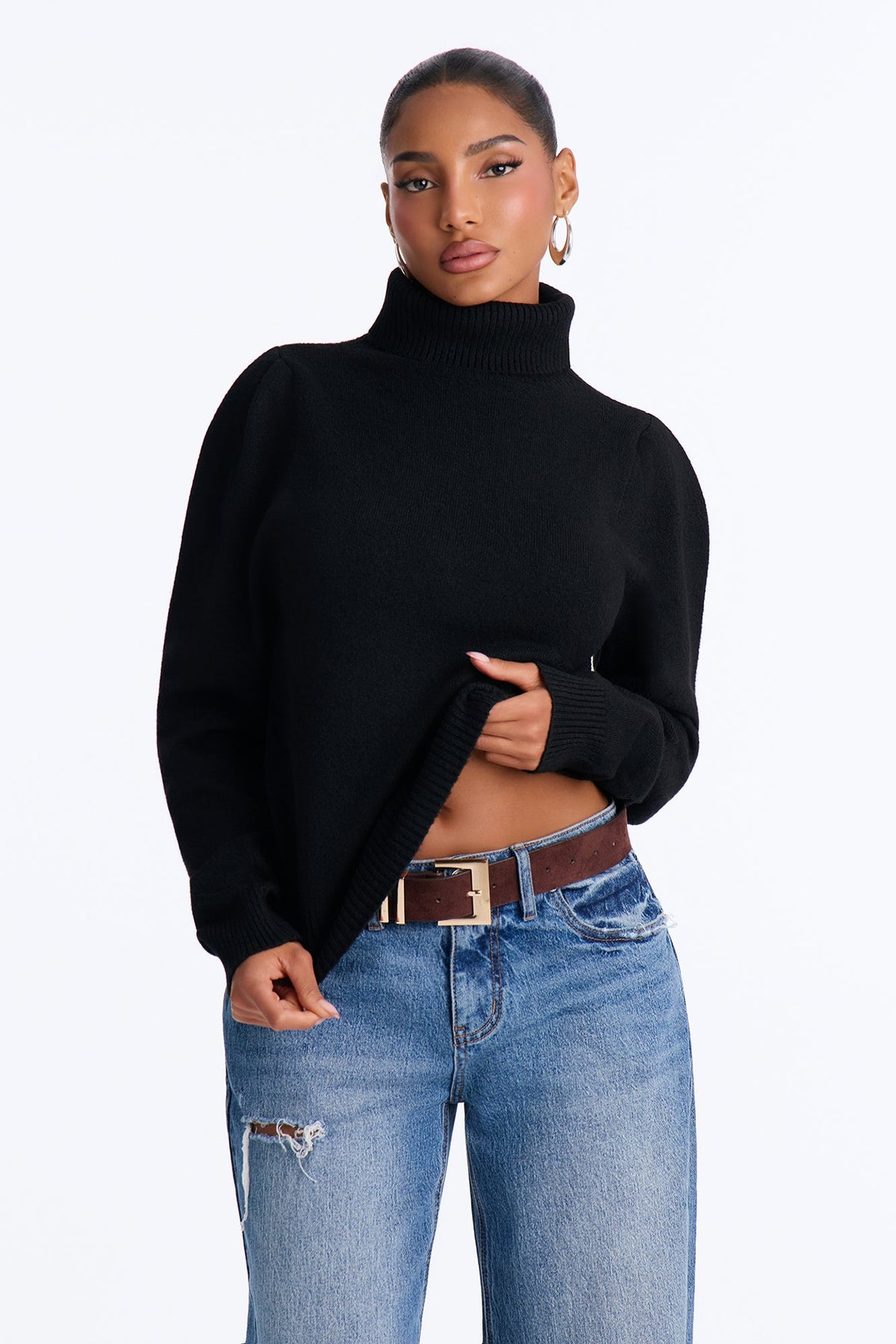 Winter Pines Turtle Neck Pullover Sweater - Black