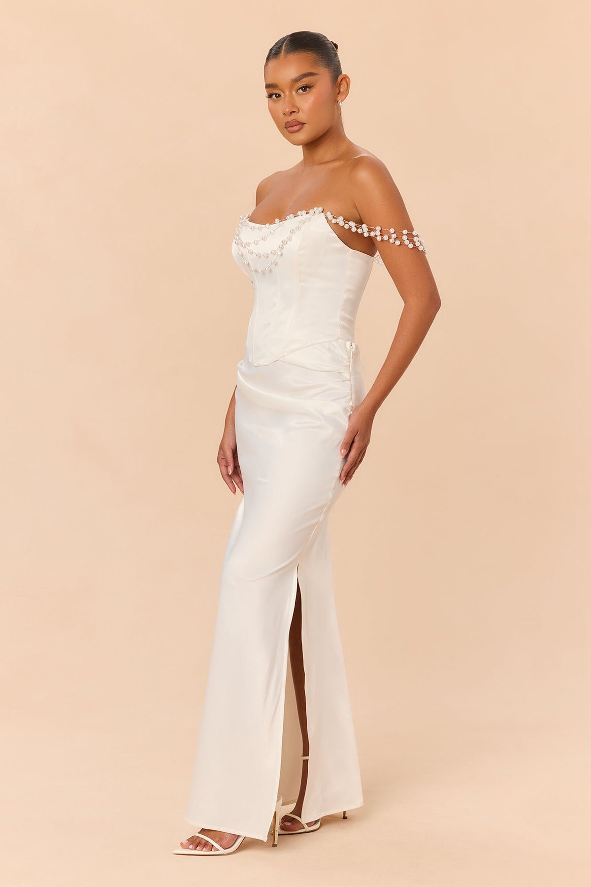 Say I Do Pearl Drape Satin Skirt Set - White