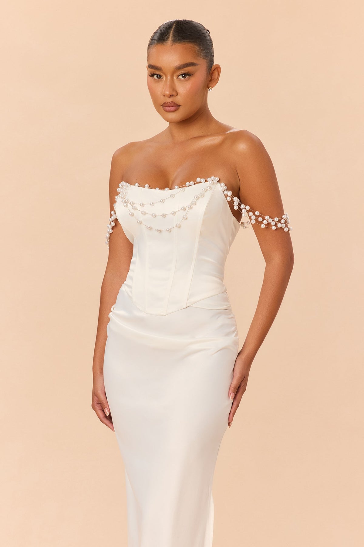 Say I Do Pearl Drape Satin Skirt Set - White