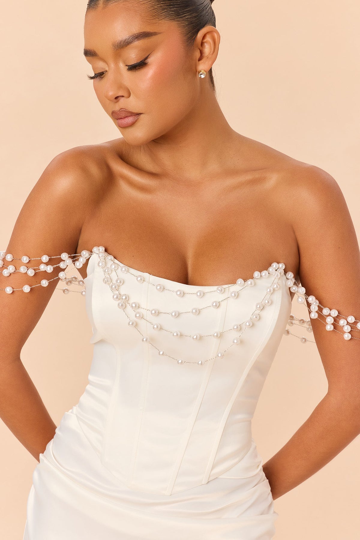 Say I Do Pearl Drape Satin Skirt Set - White