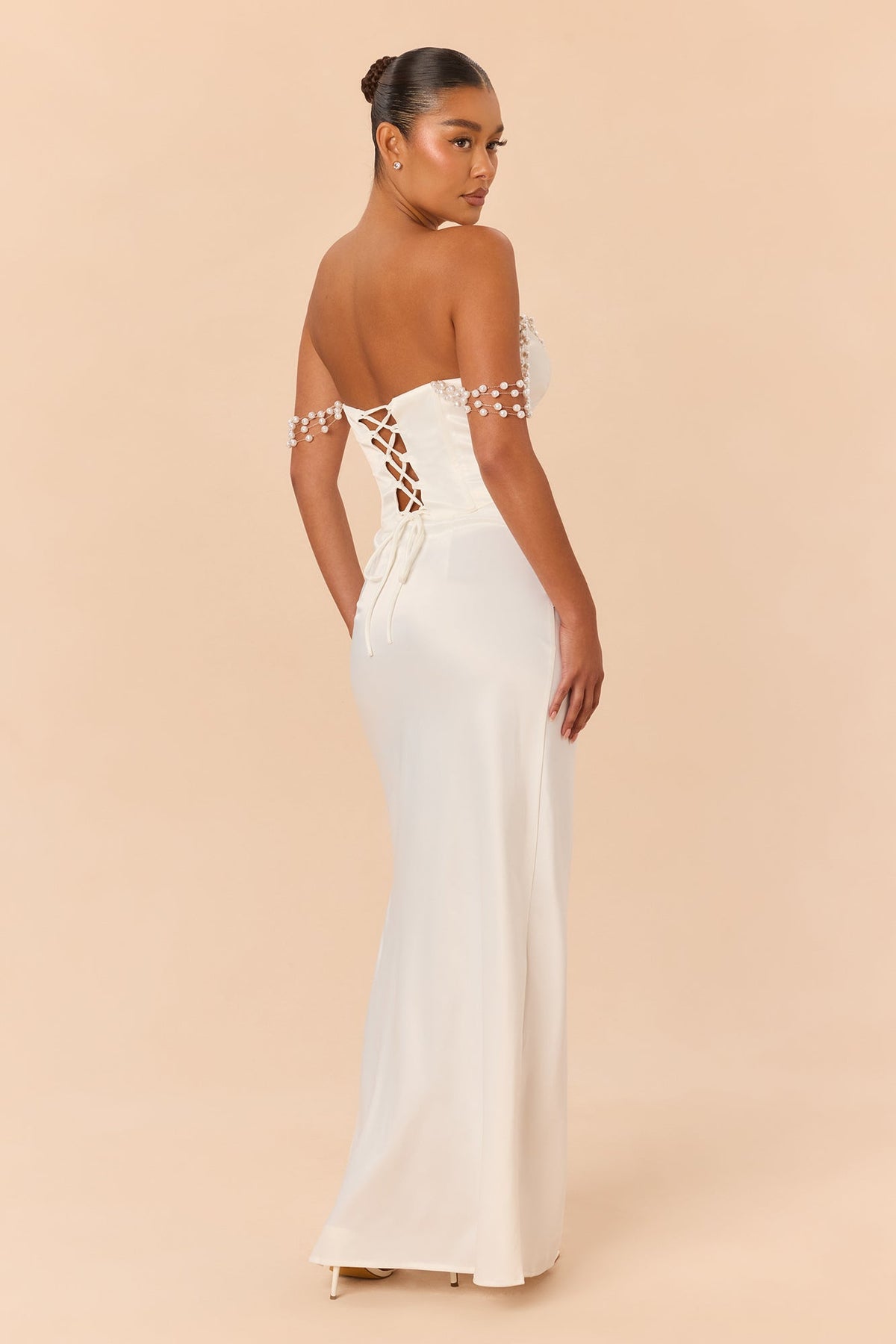 Say I Do Pearl Drape Satin Skirt Set - White