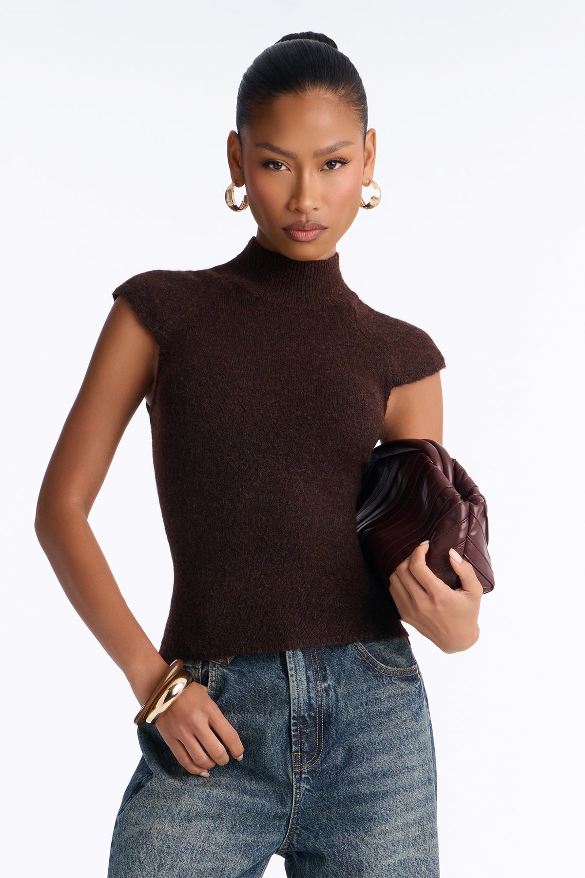 Carolyn Mock Neck Cap Sleeve Sweater - Chocolate
