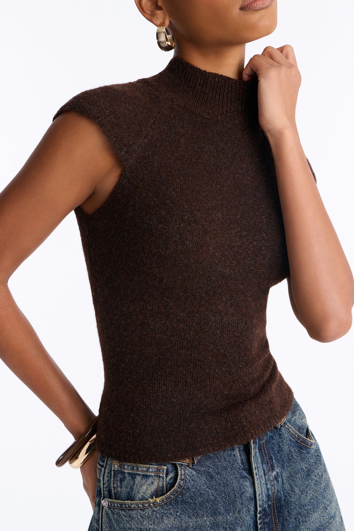 Carolyn Mock Neck Cap Sleeve Sweater - Chocolate
