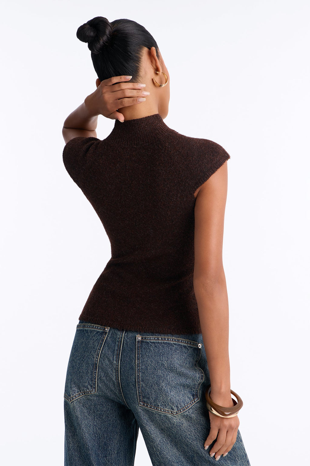 Carolyn Mock Neck Cap Sleeve Sweater - Chocolate