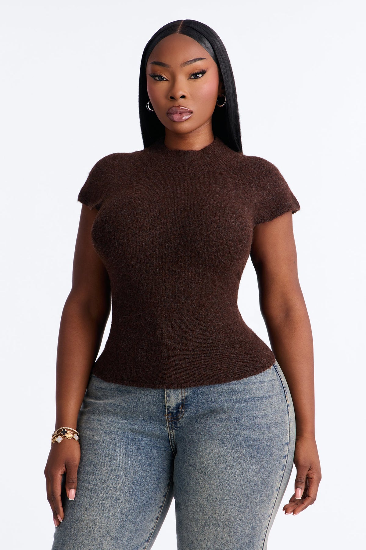Carolyn Mock Neck Cap Sleeve Sweater - Chocolate