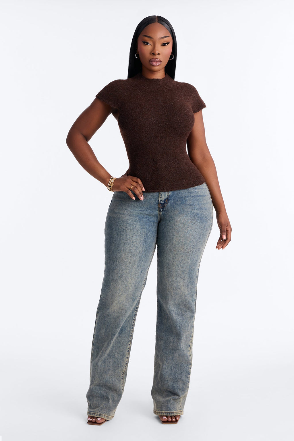Carolyn Mock Neck Cap Sleeve Sweater - Chocolate
