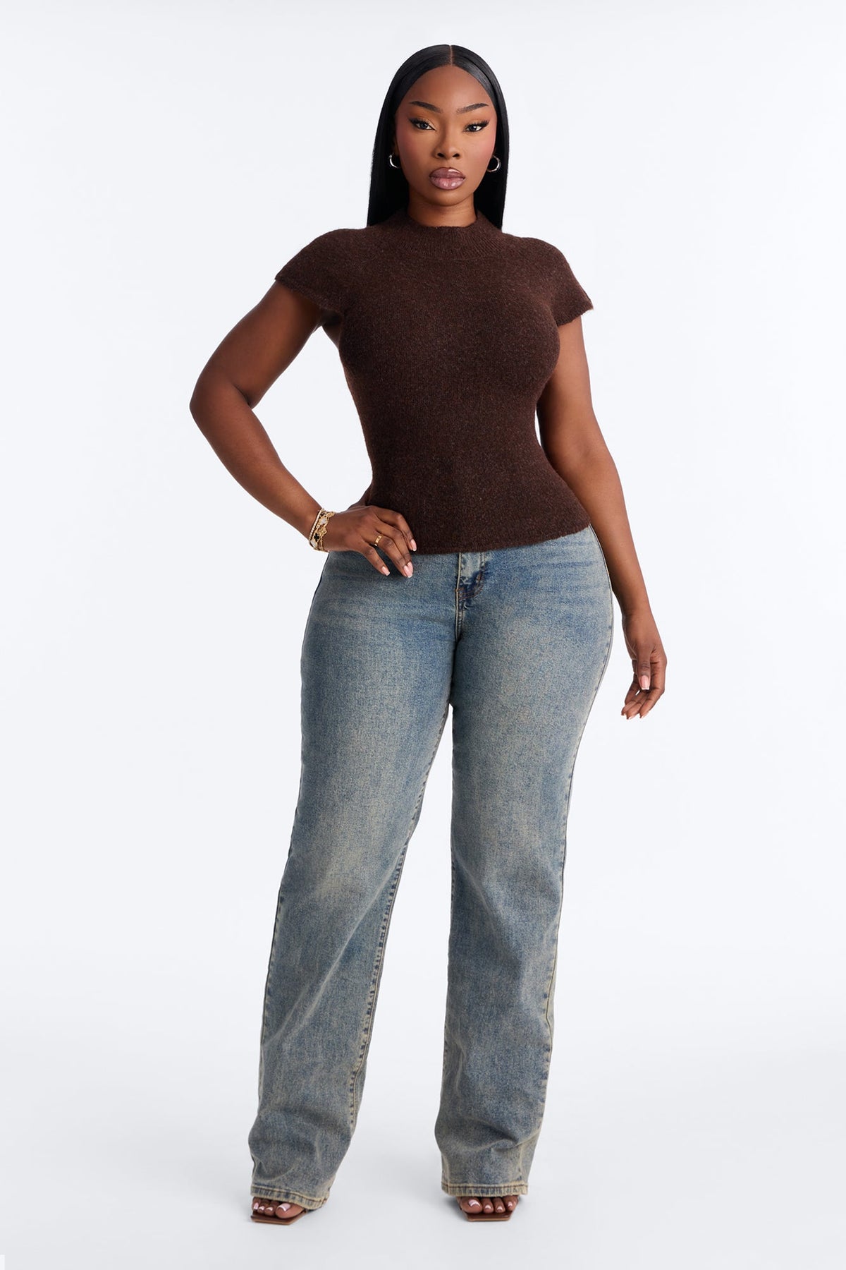 Carolyn Mock Neck Cap Sleeve Sweater - Chocolate