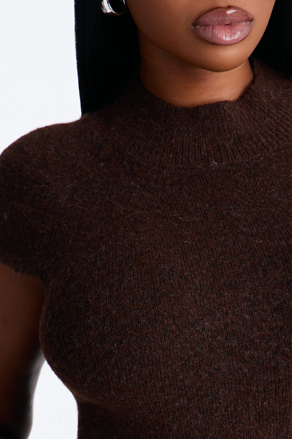 Carolyn Mock Neck Cap Sleeve Sweater - Chocolate