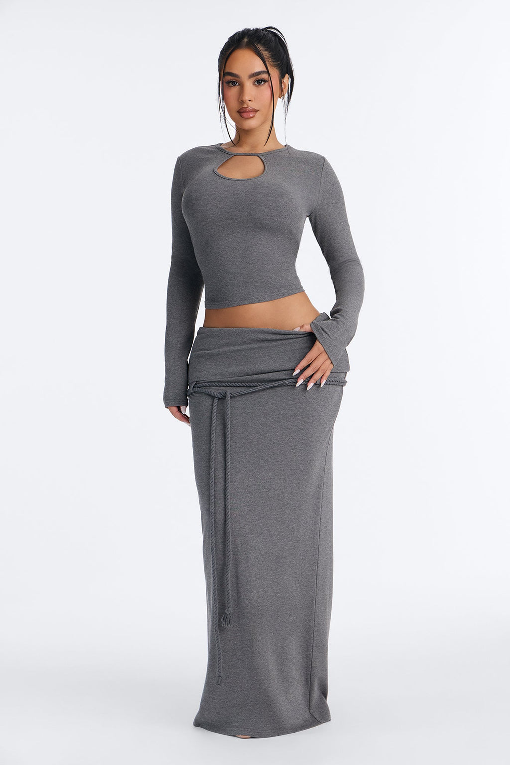 Leah Foldover Maxi Skirt Set - Grey