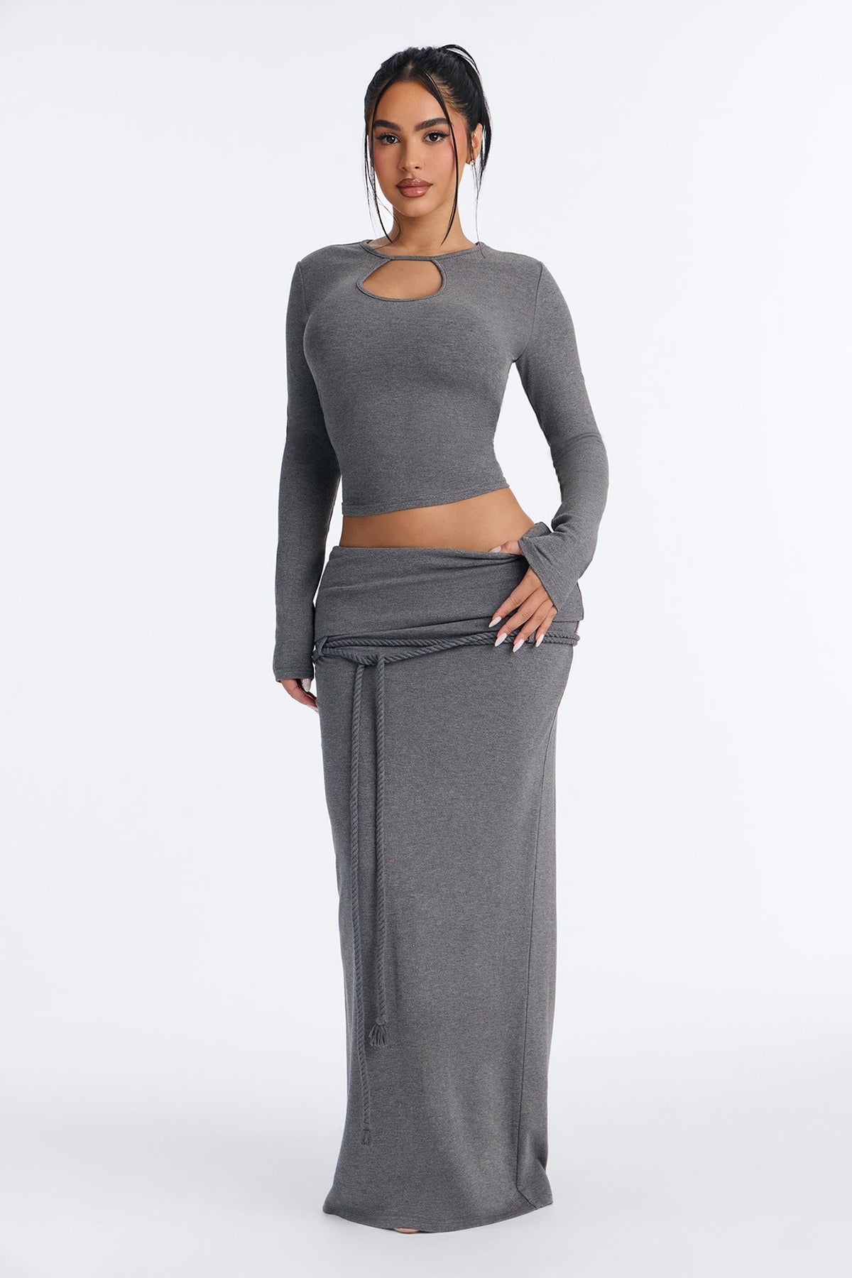 Leah Foldover Maxi Skirt Set - Grey