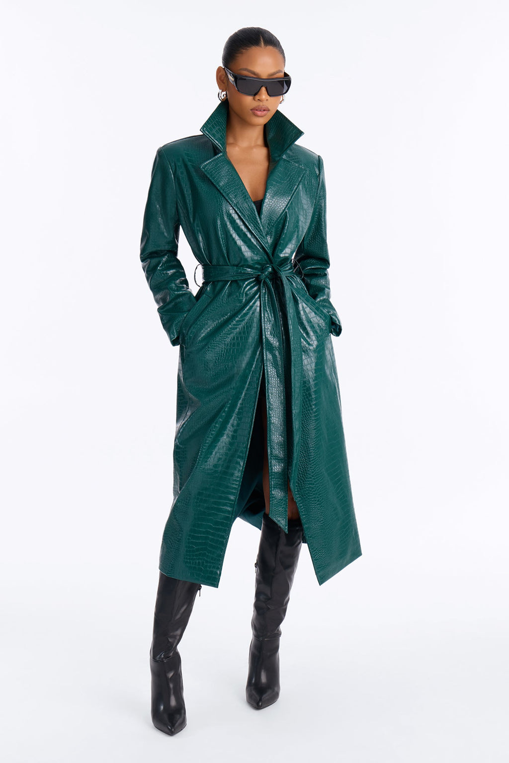Victoria Faux Leather Trench Coat - Emerald