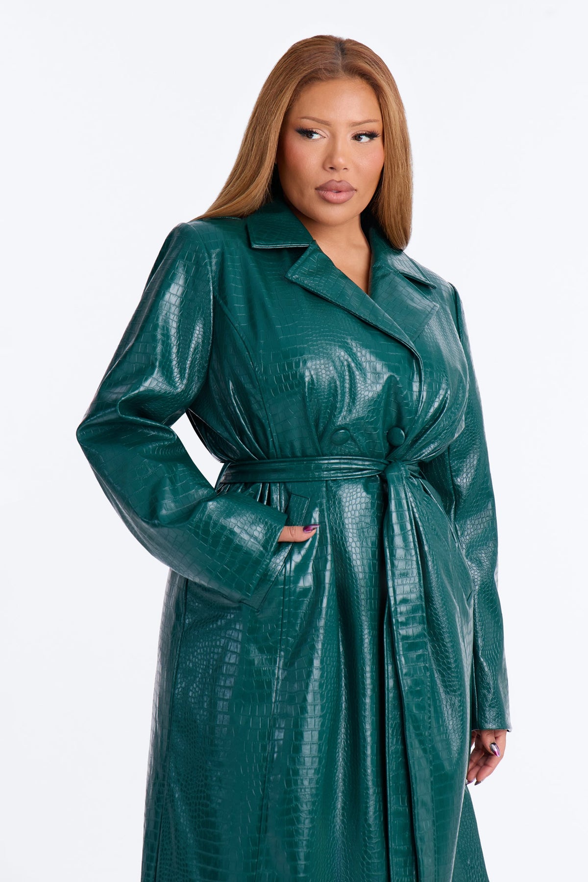 Victoria Faux Leather Trench Coat - Emerald