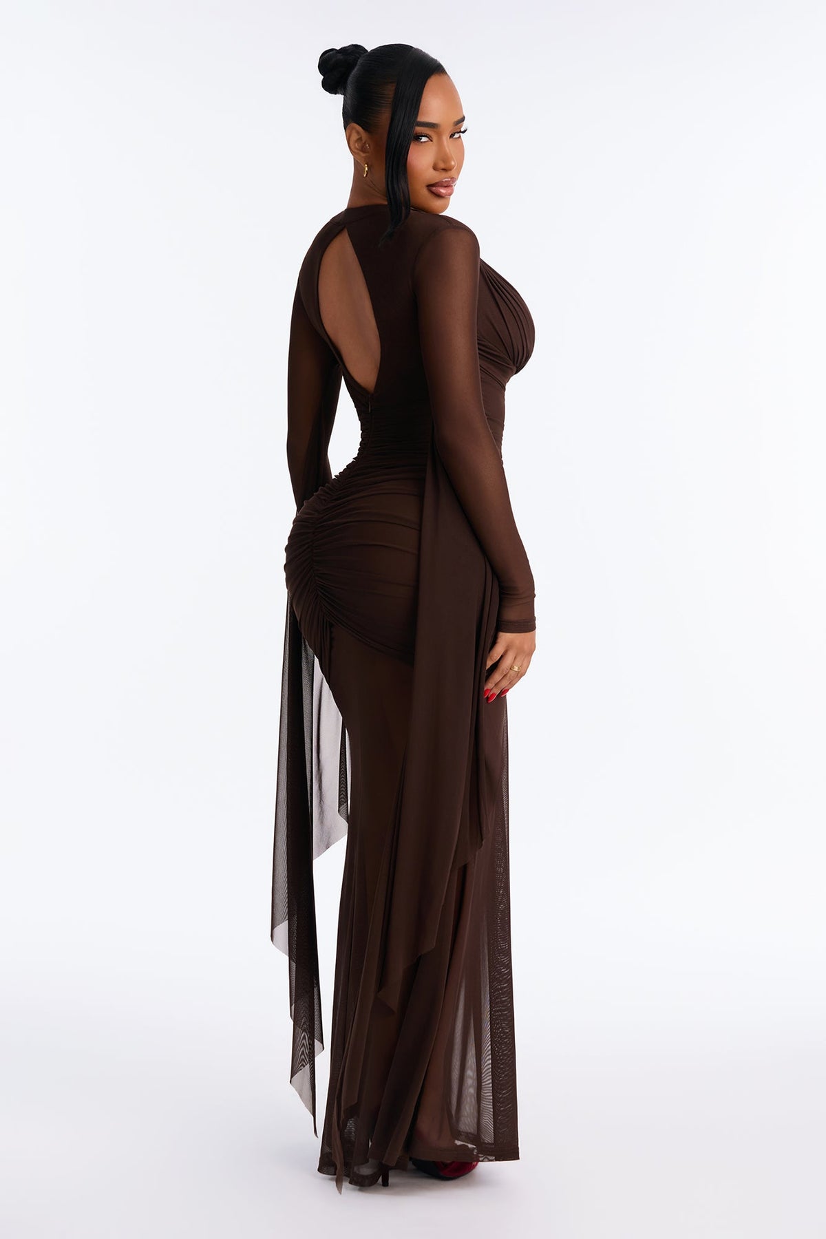 Night Well Spent Ruched Mesh Maxi Dress - Chocolate