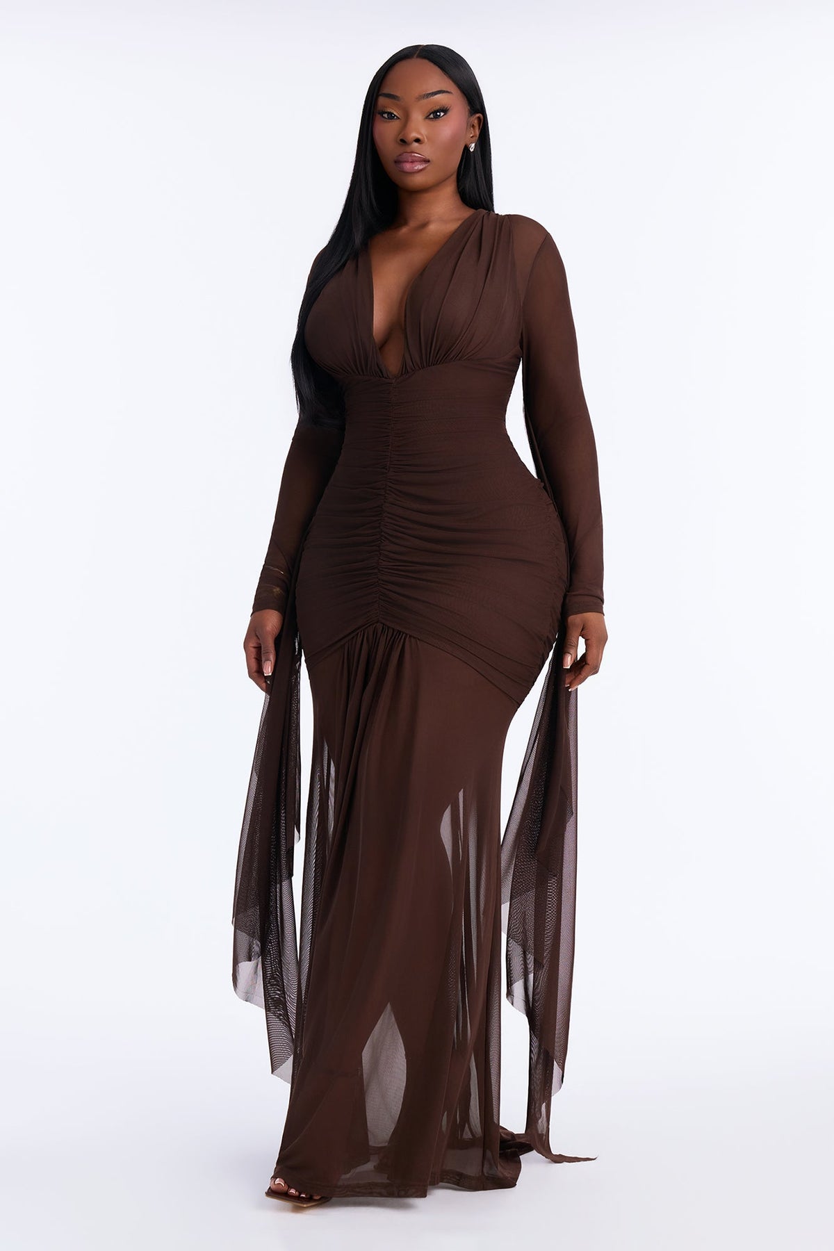 Night Well Spent Ruched Mesh Maxi Dress - Chocolate