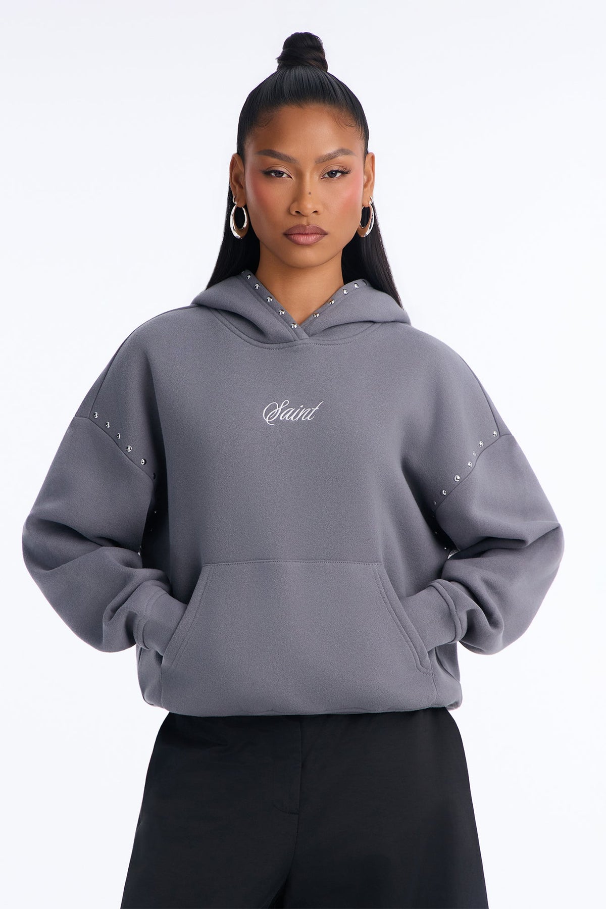 Saint Studded Washed Oversized Hoodie - Grey