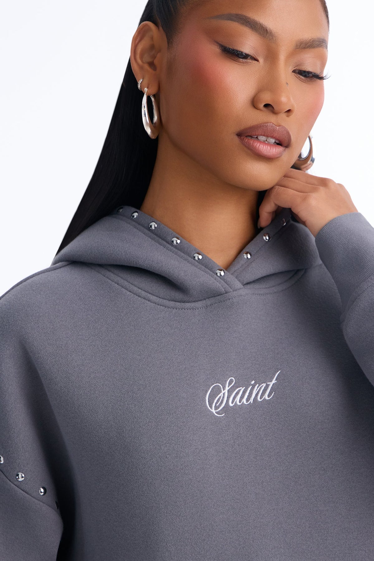 Saint Studded Washed Oversized Hoodie - Grey